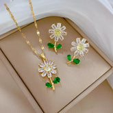 Green Leaf Flower Zircon Necklace and Earrings Set